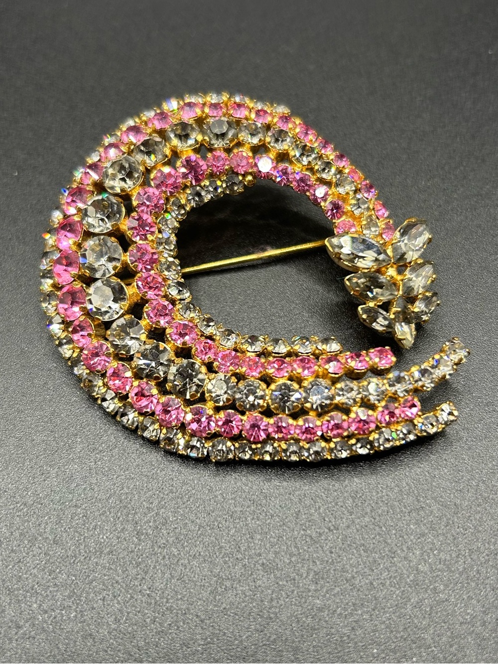 Austria Pink and Clear Crystal Spiral Brooch - Gold Tone Women Jewelry